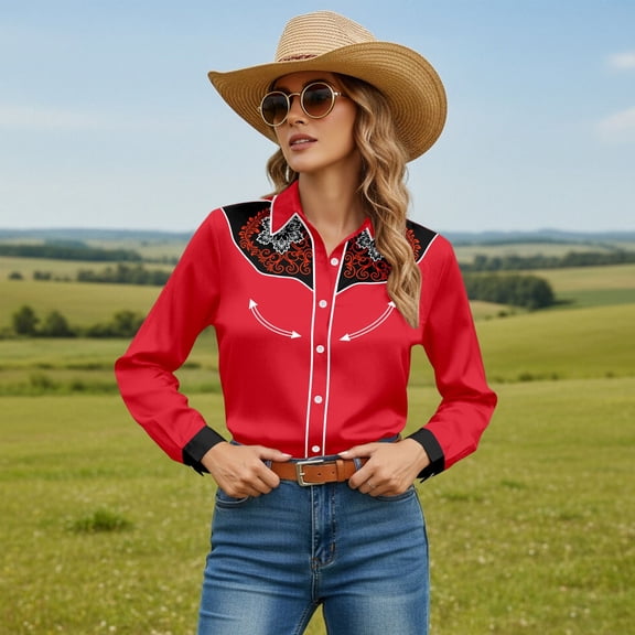 Western Shirts for Women Floral Print Long Sleeve Cowgirl Shirts Button Down Shirt Country Concert Tops Red L
