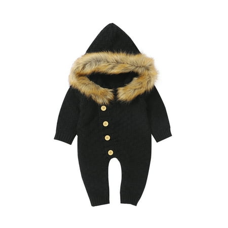 

Frobukio Toddler Baby Boys Girls Winter Warm Fleece Hooded Jumpsuit Long Sleeve Single Breasted Romper Black 3-6 Months