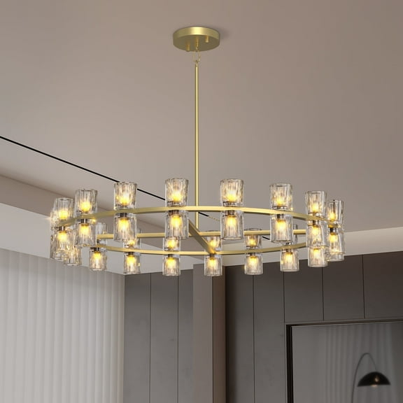 Modern 36-Inch Wagon Wheel Crystal Chandelier in Gold, 36-Light Dimmable Foyer Light Fixture with K9 Crystal Shades for Dining Room Living Room, Adjustable Height, G4 Bulbs Included