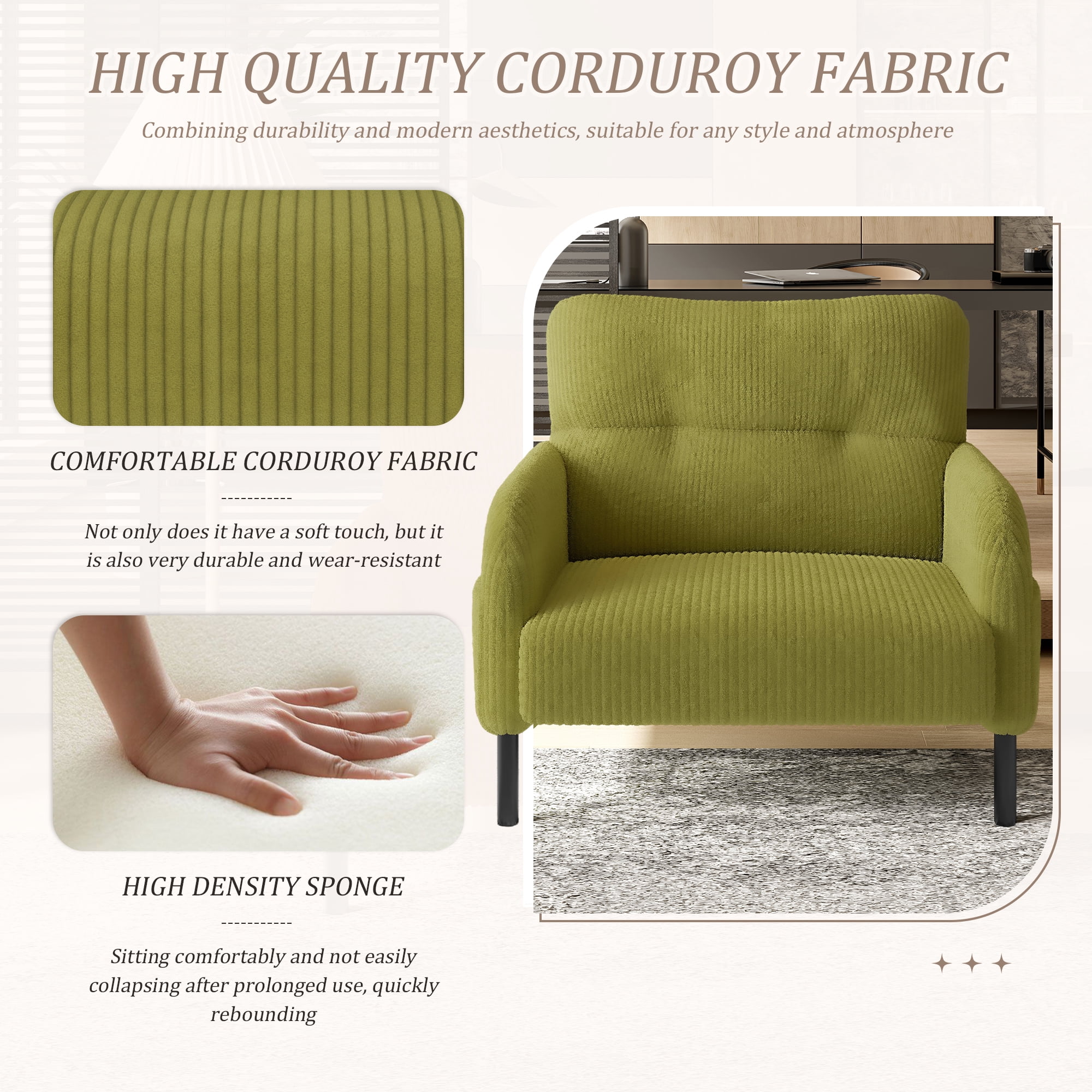 MOONMISS Corduroy Upholstered Comfortable Single Wood Frame Armchair for Living room and Bedroom-Olive Green