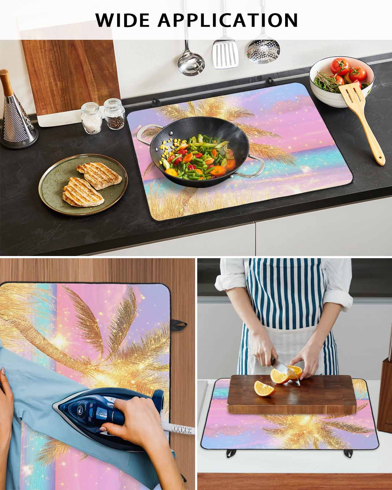 nqOlkjepod Large Induction Cooktop Protector Mat 36"x21", Golden Palm Tree Stove Top Covers for Electric Stove, Rainbow Beach Seaside Decorative Stove Burner Cover Mats, Glass Top Stove Cover