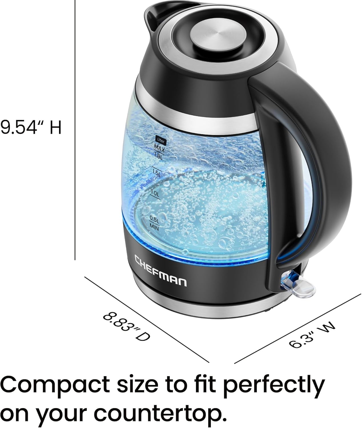 Chefman Rapid-Boil 1.8L Electric Kettle w/ Removable Lid and LED Indicator Lights - Black