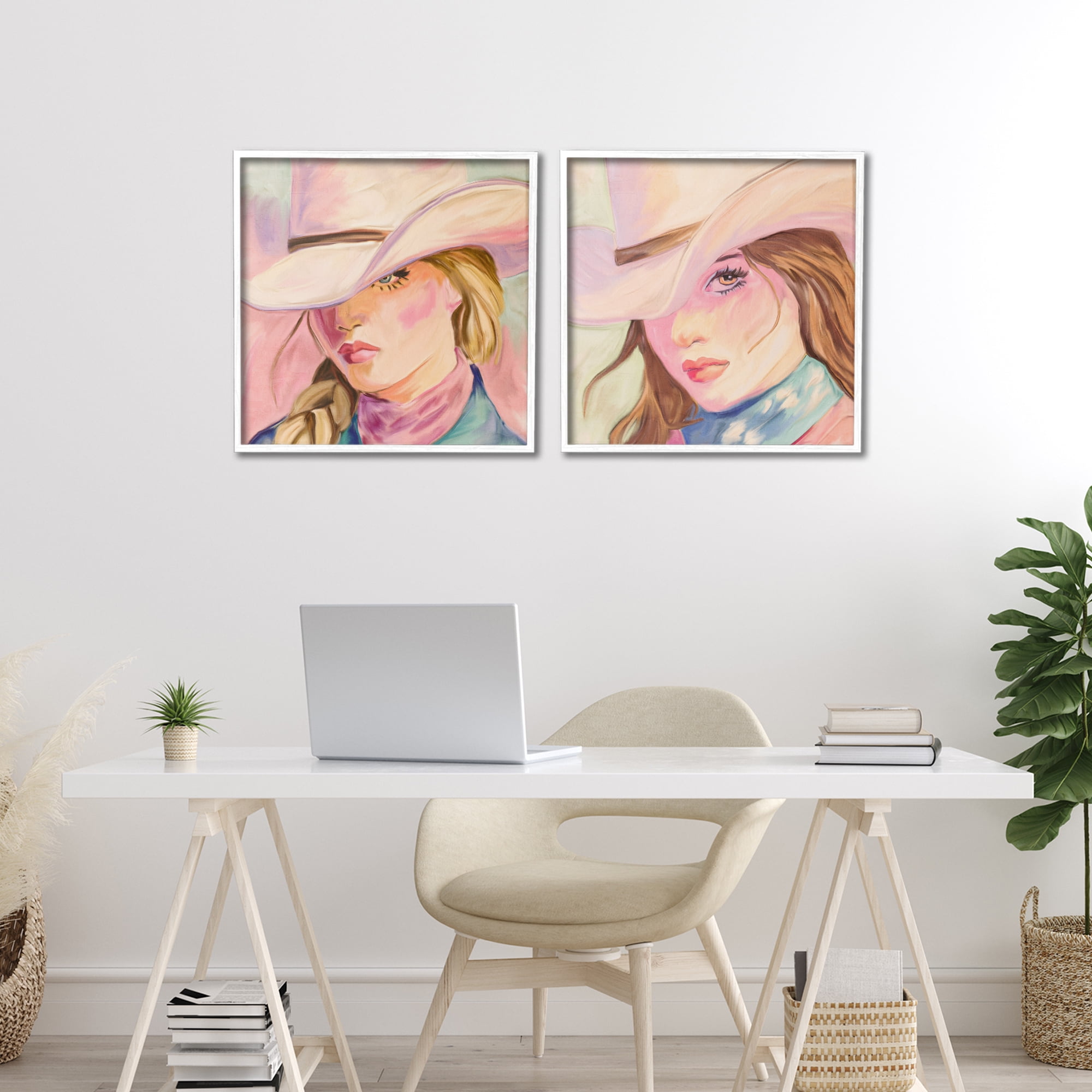 Pastel Cowgirls Gazing 2 Piece White Framed Giclee Art Set, design by Kim Allen