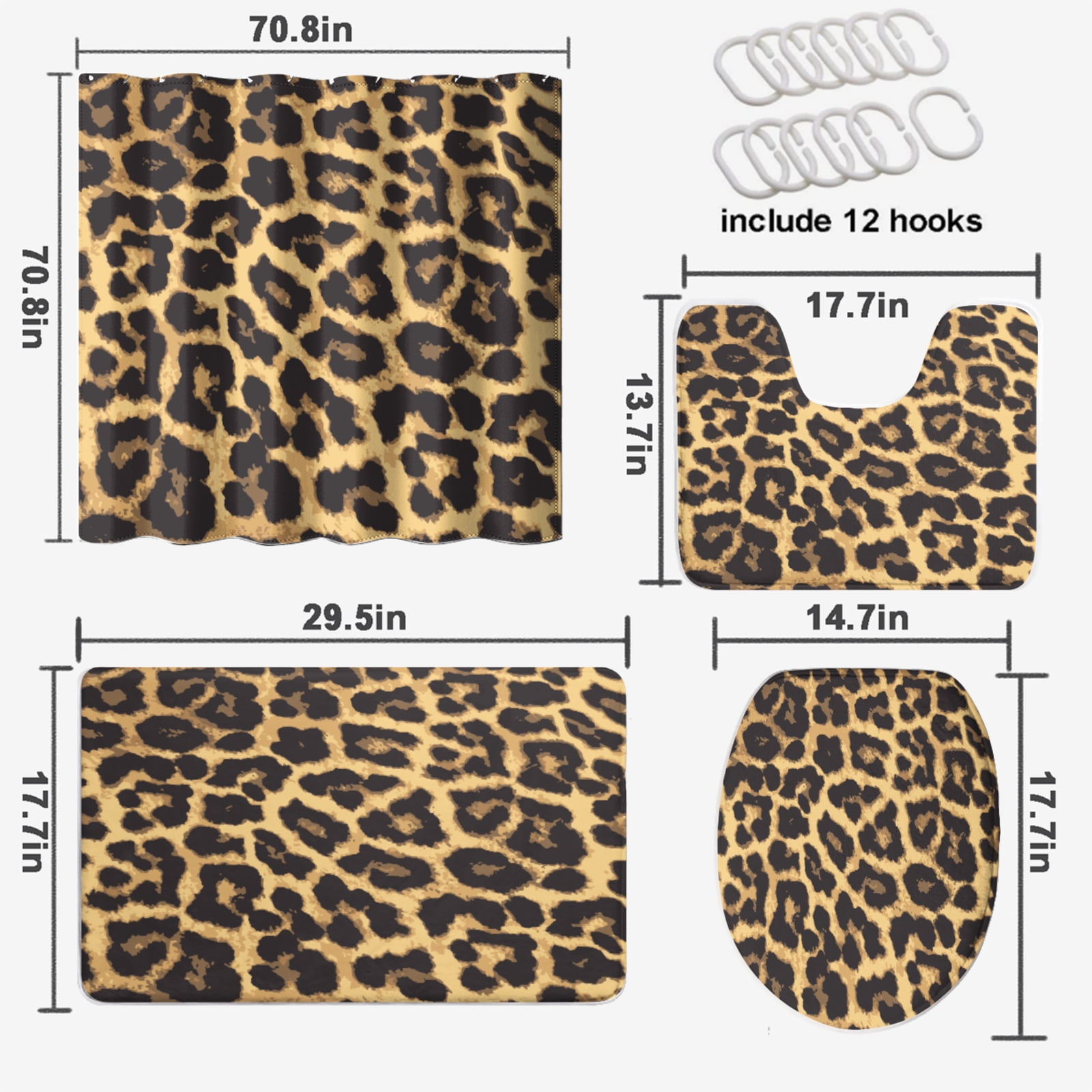 Leopard 4 Pcs Shower Curtain Set Cheetah Brown Wild Safari Animal Powerful Waterproof Fabric Cloth Bath Curtain, Non-Slip Bathroom Rugs Bath Mats, 72x72 Inch