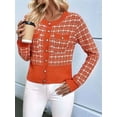 thumbnail image 2 of Womens - Plaid Blazer Dressy Casual Button Front Cardigan Crew Neck Long Sleeve Texture Knit Jackets Orange-Red M, 2 of 8