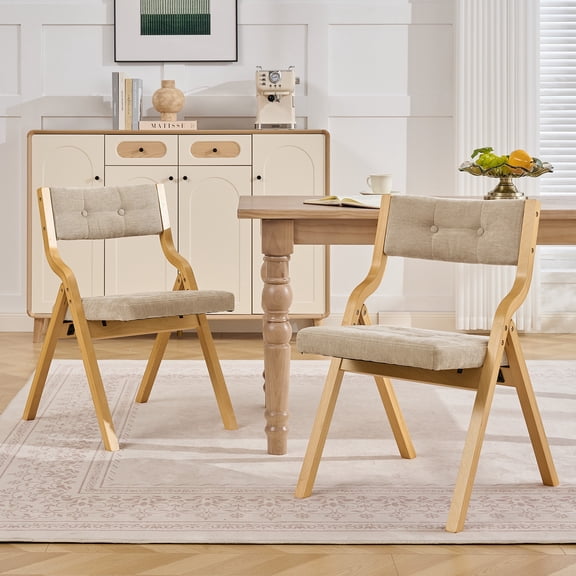 BaseBeauty Folding Chairs with Cushion, Wooden Padded Foldable Chair 2 Pack, Portable and Assembled Seat for Guests Kitchen Office Wedding and Party, Khaki