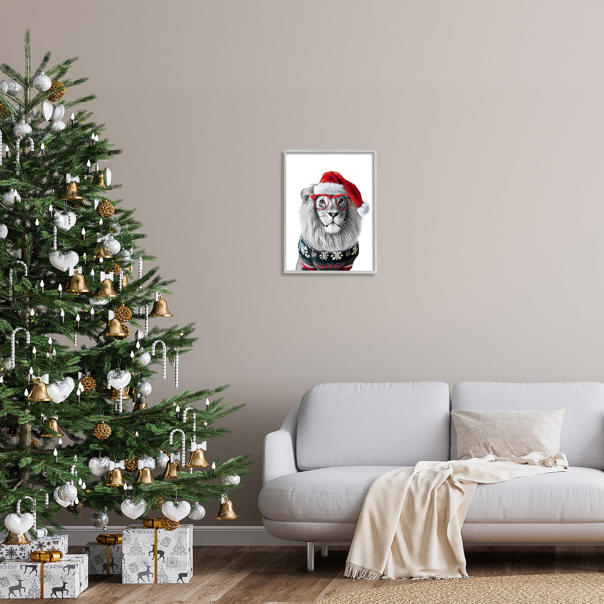 Stupell Industries Lion in Christmas Sweater Holiday Painting Gray Framed Art Print Wall Art, 16 x 20