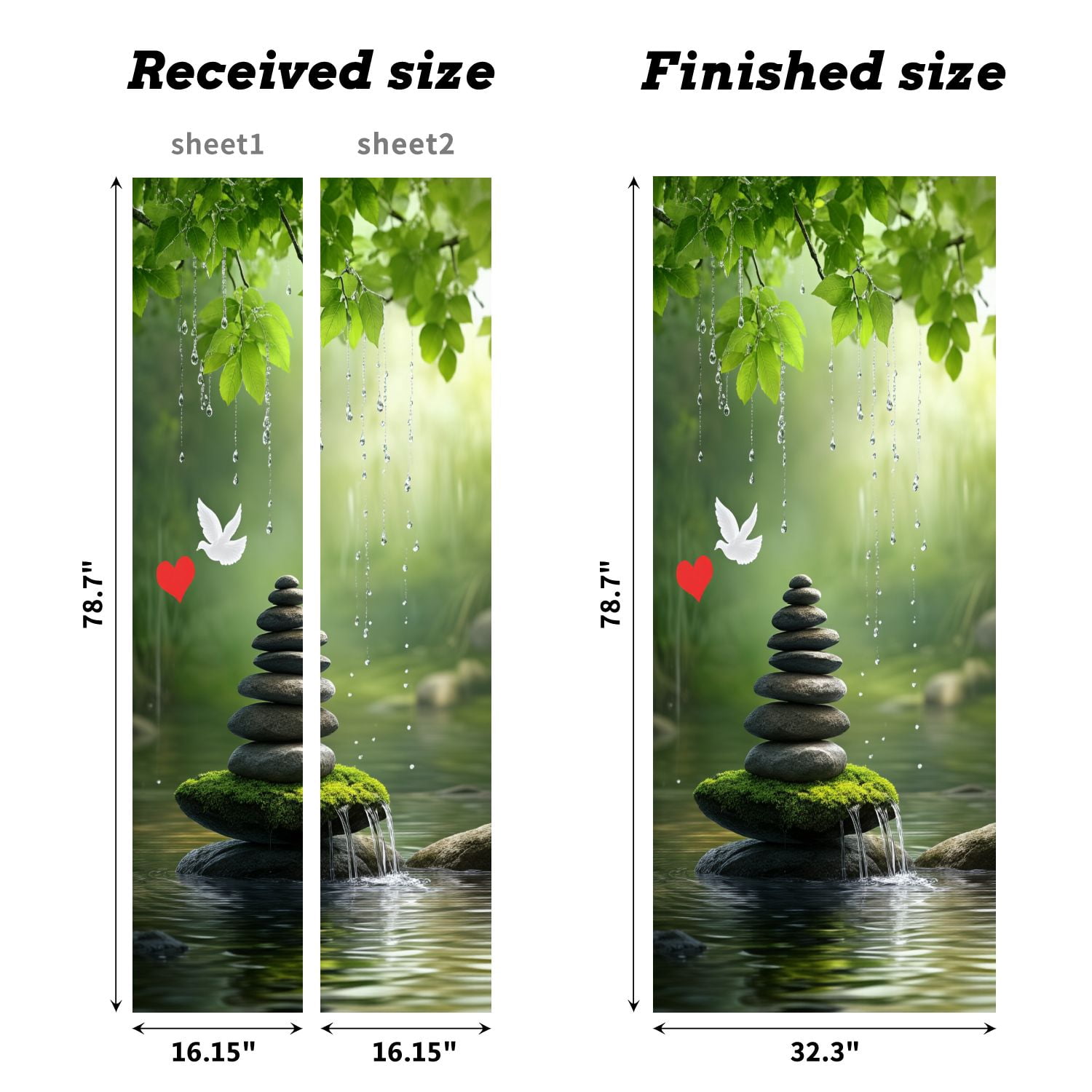 Self Adhesive Vinyl Refrigerator Wrap Set Zen Stones Waterfall Green Leaves Tranquil Setting Spiritual Door Mural Removable Fridge Sticker Peel and Stick&nbsp;Full Door Cover Decal Kitchen Bar Decor