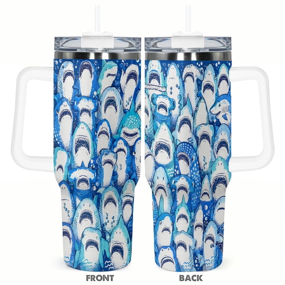 40oz Cartoon Shark Insulated Tumbler with Handle and Straw Blue Ocean Animal Travel Cup Gift for Shark Lovers