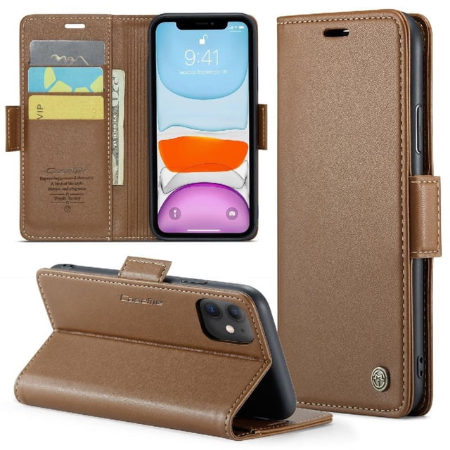 Funda tipo cartera iPhone 11 con cierre magnético, RFID, tarjetero, soporte, carga inalámbrica