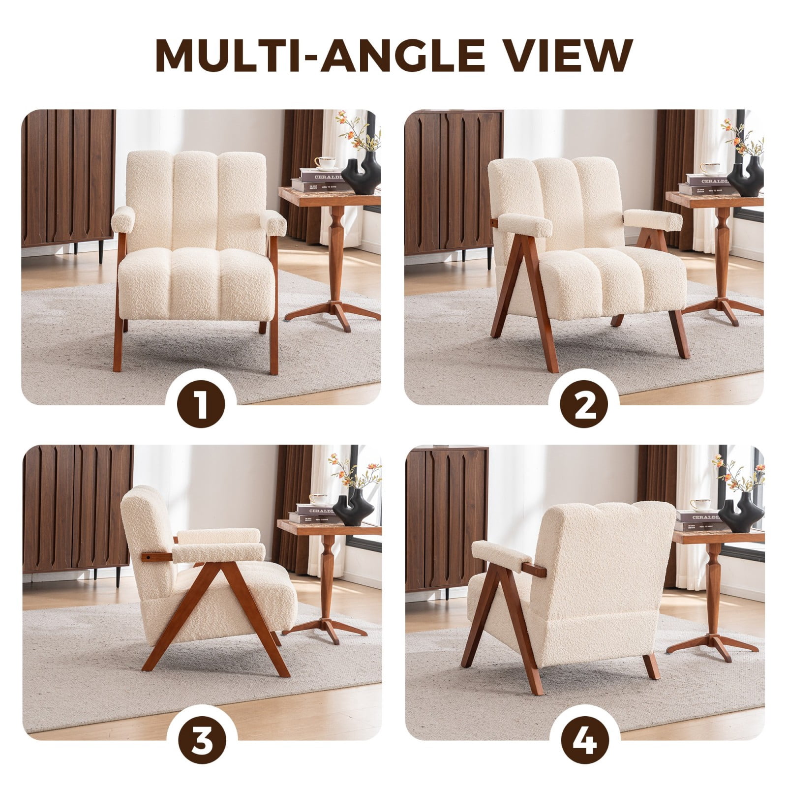 Mid-Century Modern Accent Chair Cloud-Shaped Chenille Lounge Armchair with Solid Oak Wood Frame, Upholstered Reading Chair for Living Room Bedroom Balcony, Beige