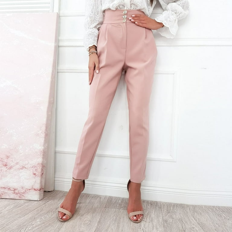 Puawkoer Women Solid Color Casual Pants Wild Card Button Decoration Formal  Pants Waist Straight Pants Clothing Shoes & Accessories S Pink