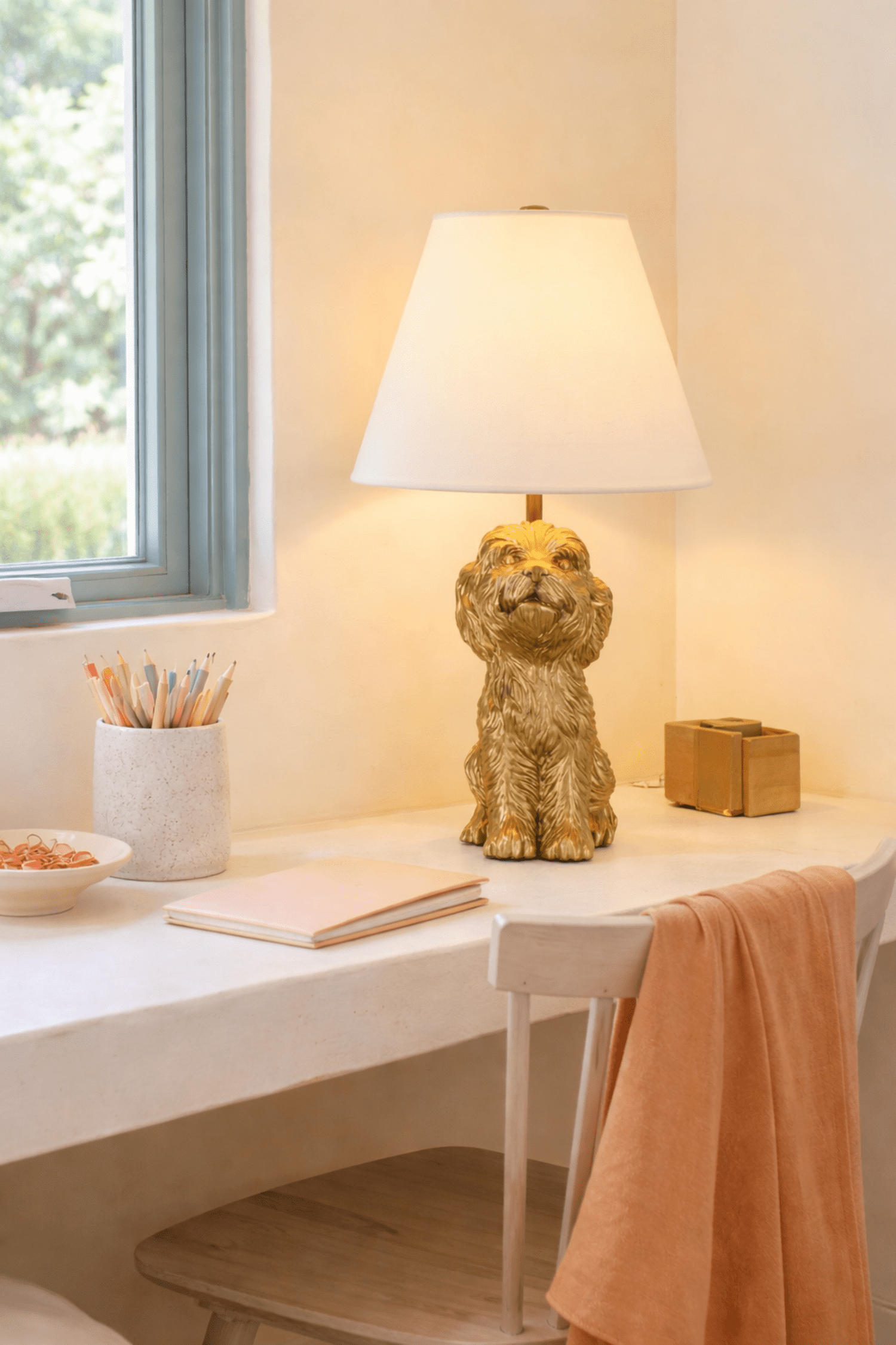 Home Decor Collection Catalina Lighting Golden Doodle Table Lamp with Painted Gold Finish and Tapered Linen Shade, 18"H