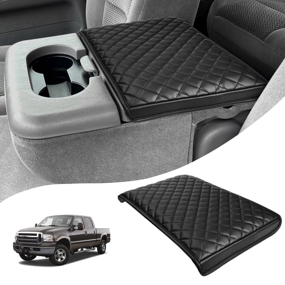 KBH Center Console Cover for 1999-2010 Ford F250 F350 F450 & 2001-2005 F550 with Jump Seat, Black Leather Middle Console Armrest Cover Cushion Pad for Truck Interior Accessories