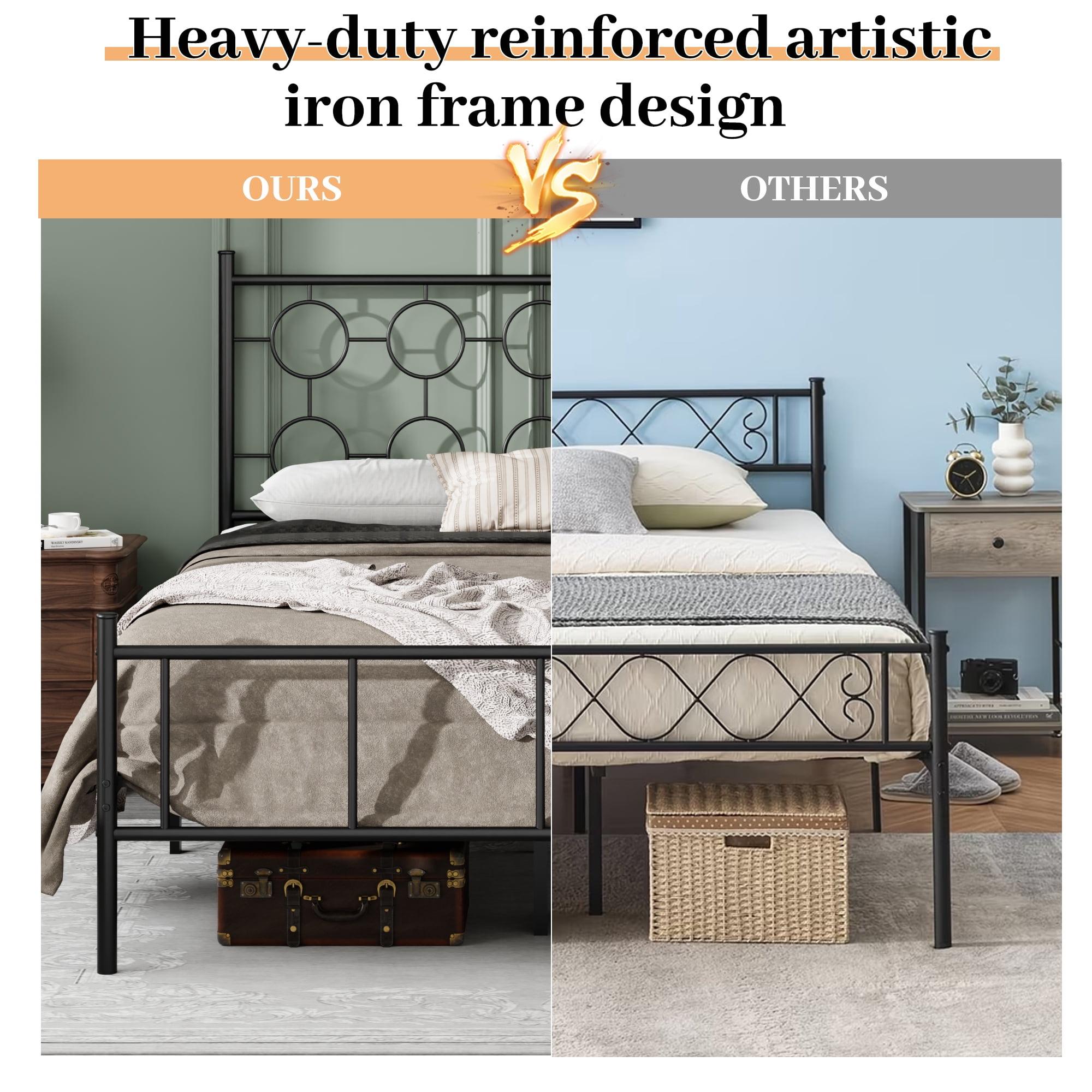 Queen Size Metal Platform Bed Frame with 12" Storage Space, Victorian Style Iron Headboard/Footboard, Sturdy Slat Support, No Springs Required, Easy to Assemble (Mattress Not Included)(Black)