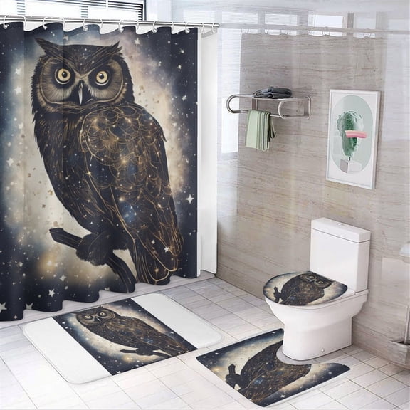 Owl Starry Sky 4PCS Shower Curtain Sets with Rugs with Non-Slip Bath Mat Toilet Rug,72" X 72"