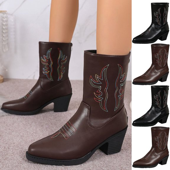 Puntoco Women's Embroidered Mid Calf Cowboy Boots, Pointed Toe Chunky Block Heel Western Cowgirl Boots with Back Zipper Brown 12