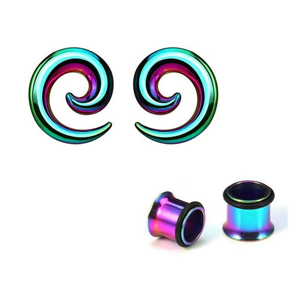 Pair of Anodized Titanium Seamless Steel Spiral Ear Tapers with Ear Plugs