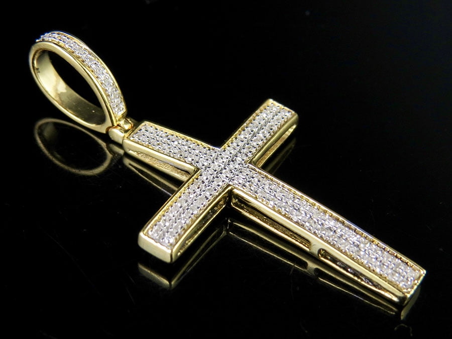 Men's Womens .22Ct Genuine Real Diamond 10k 100% Yellow Gold Cross Charm Pendant 