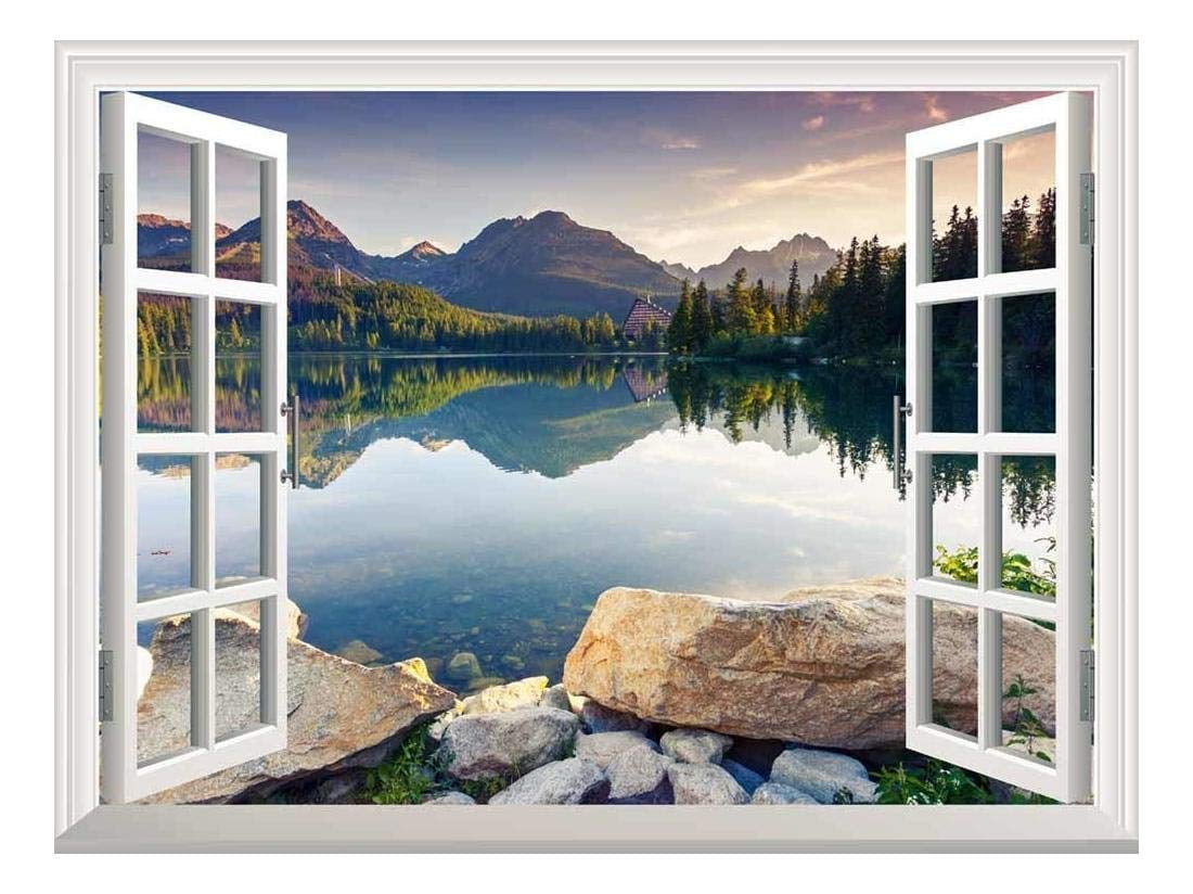 Lake Bench Autumn Window View Repositionable Color Wall Sticker Wall Mural 