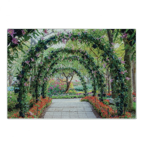 Garden Cutting Board, Flower Arches Pathway in Ornamental Plants Greenery Romantic Picture, Decorative Tempered Glass Cutting and Serving Board, Small Size, Green Red, by Ambesonne