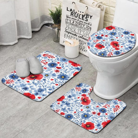 Pioneer Flower Floral Print Pattern Bathroom Rugs Sets 3 Piece,Toilet Cover Set,Absorbent Non Slip Bathroom Mats Sets with U-Shaped Contour Rug Toilet Rug Set