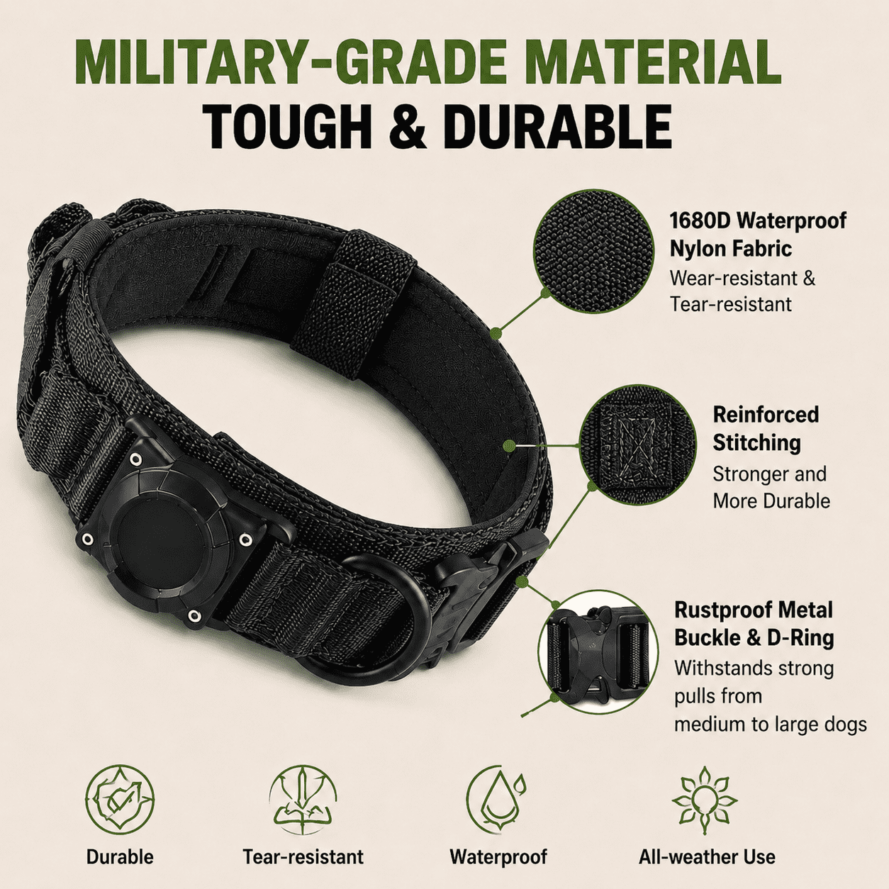 Waterproof AirTag Dog Collar, Military Tactical Collar with AirTag Holder, Comfortable Control Handle & Metal Buckle, GPS Dog Collar Holder for Medium to Large Dogs