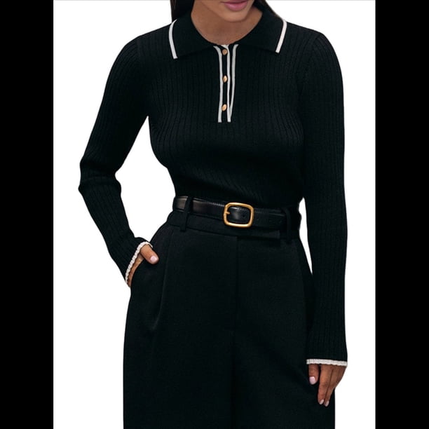 Suéteres de Mujer, Tops de Larga con Cuello en V, de Punto Acanalado, Ajustados, Informales, Básicos para el Trabajo. Negro M