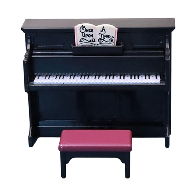 Adorno de piano en miniatura de simulación, modelo de instrumento musical diminuto con taburete BJD negro