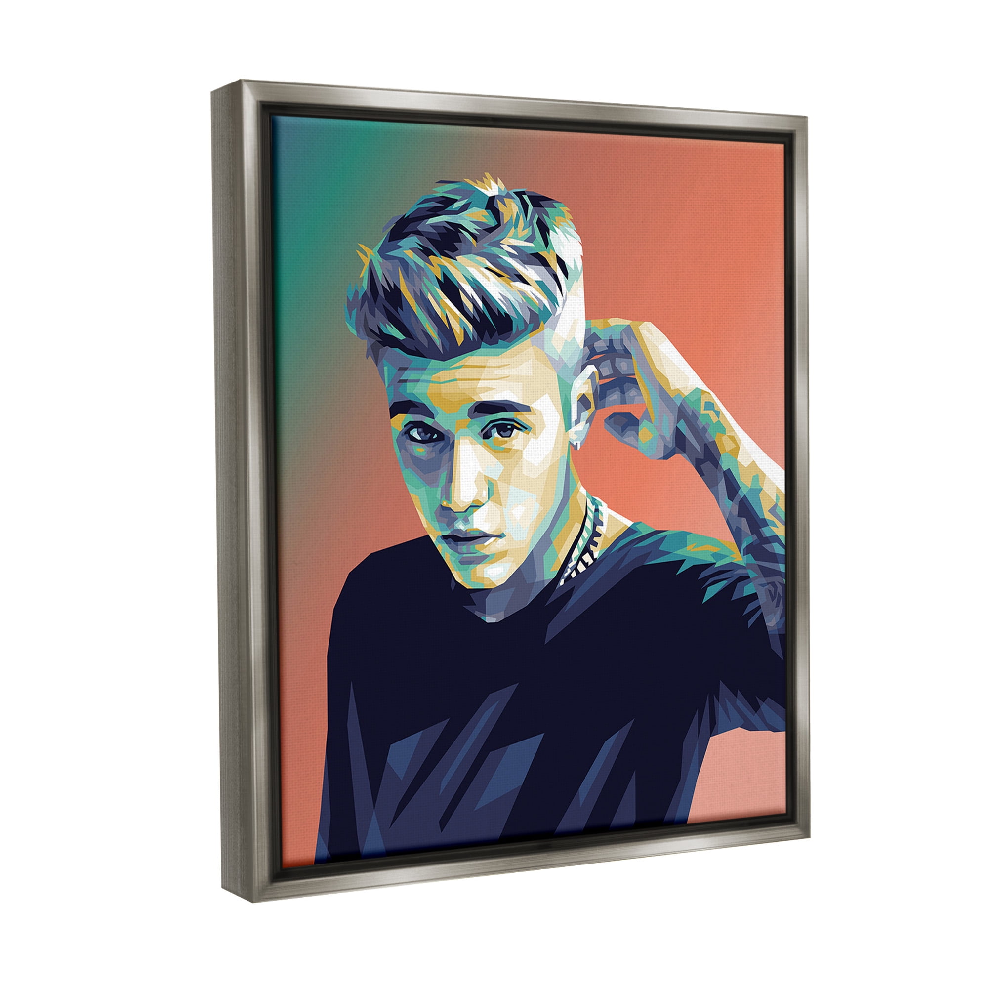 Stupell Industries Pop Culture Justin Portrait Abstract Painting Gray Floater Framed Canvas Art Print Wall Art, 25 x 31