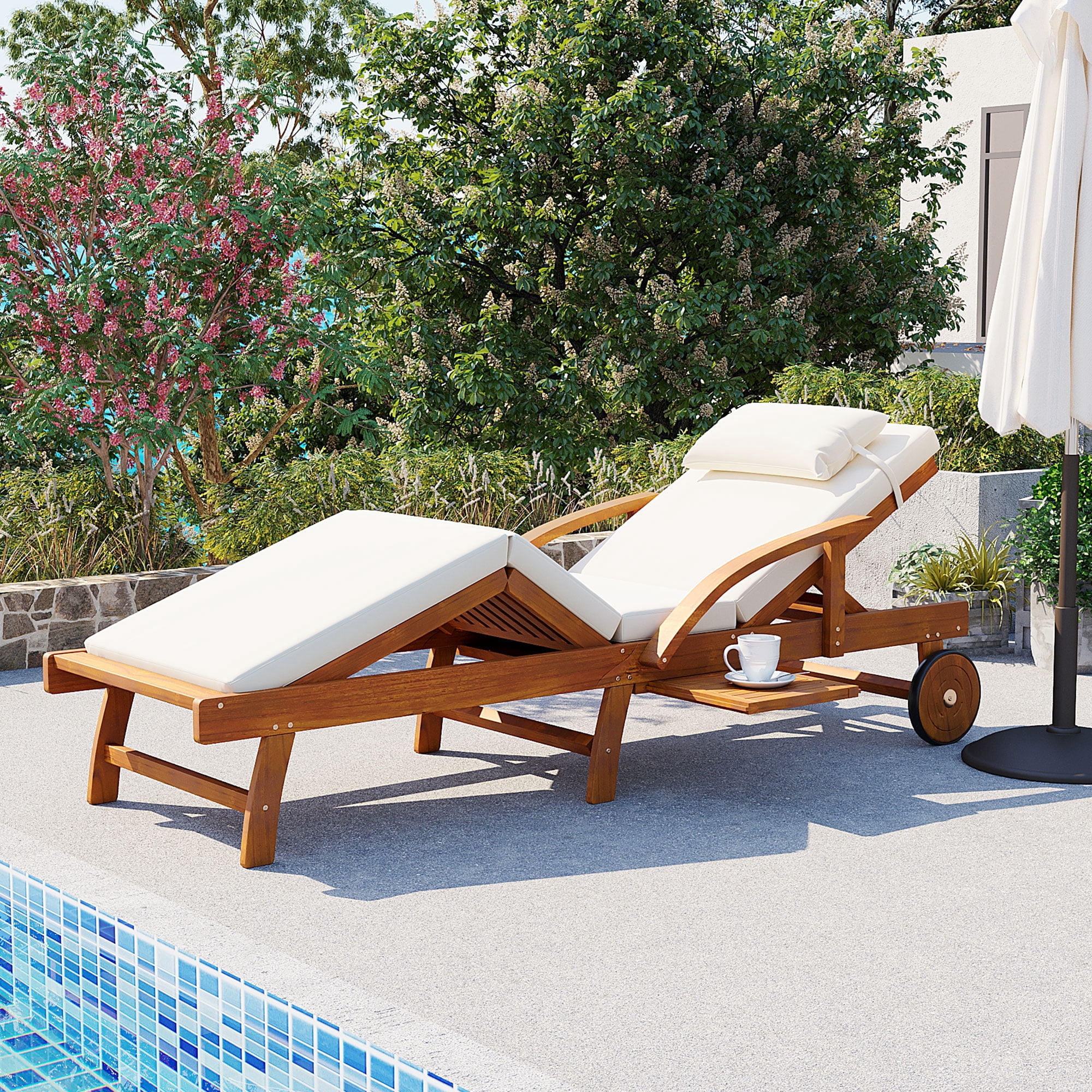 Mintazer 77.5" Adjustable Outdoor Chaise Lounge with Cushion & Headrest, Wheeled Pool Lounge Chair with Retractable Side Tray, Natural & Beige