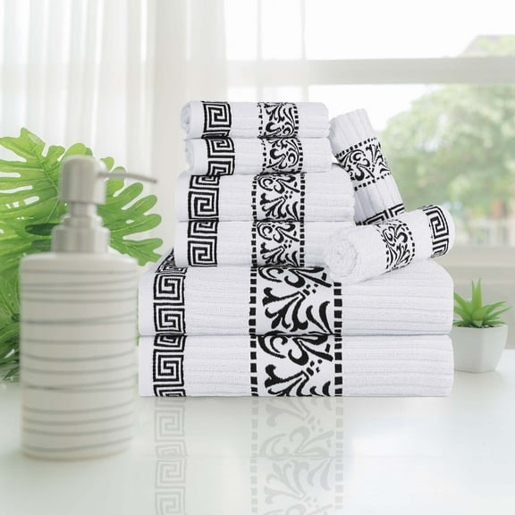 Superior Athens 8-Piece Cotton Greek Scroll Towel Set, Black