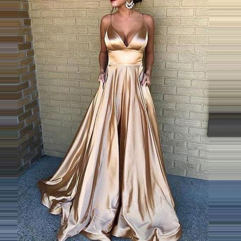 Fesfesfes Women's Evening Gowns Solid Color Sling Dress V-Neck Formal Dress Slip Sleeveless Evening Dress Under Size: Large, Gold
