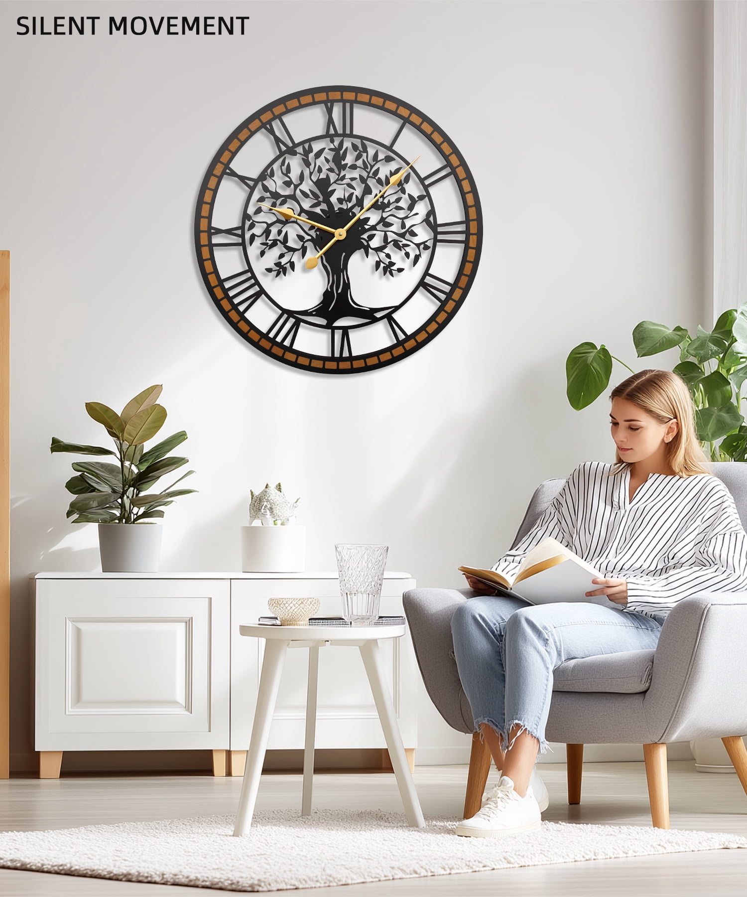 Wall Clock,24inch Large Wall Clock,Silent Tree of Life Wall Clocks for Living Room Decor,Non-Ticking Battery Operated Wall Clock with Wood Frame for Living Room, Kitchen, Bedroom, or Office Wall