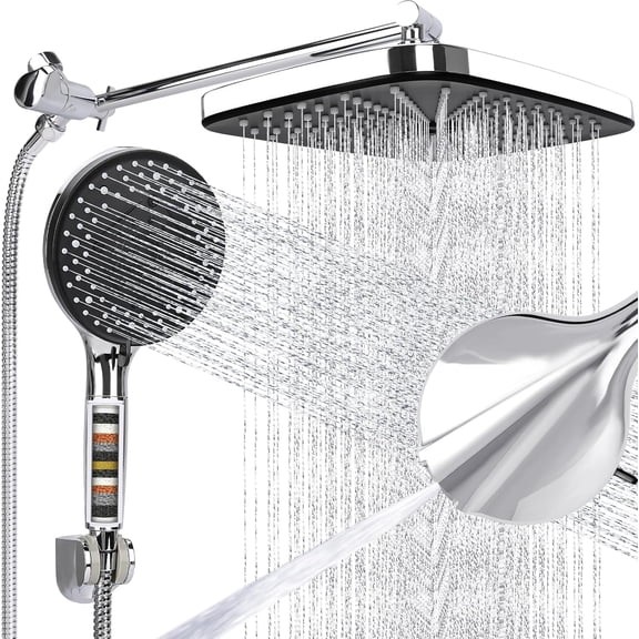 Shower Head 12'' High Pressure Rain Shower Head Combo, Filtered Handheld with 10 Water Spray, 3-Way Diverter Extension Arm Rainfall Showerhead, Adjustable Shower head with Anti-Clog Nozzles
