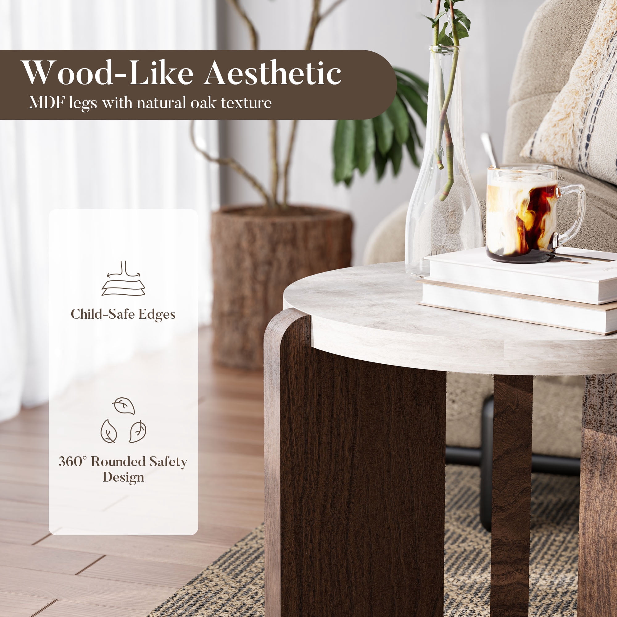 FOROUTIA Small Round Side Table with 3 Walnut Legs ,Morden Faux Marble Top Design