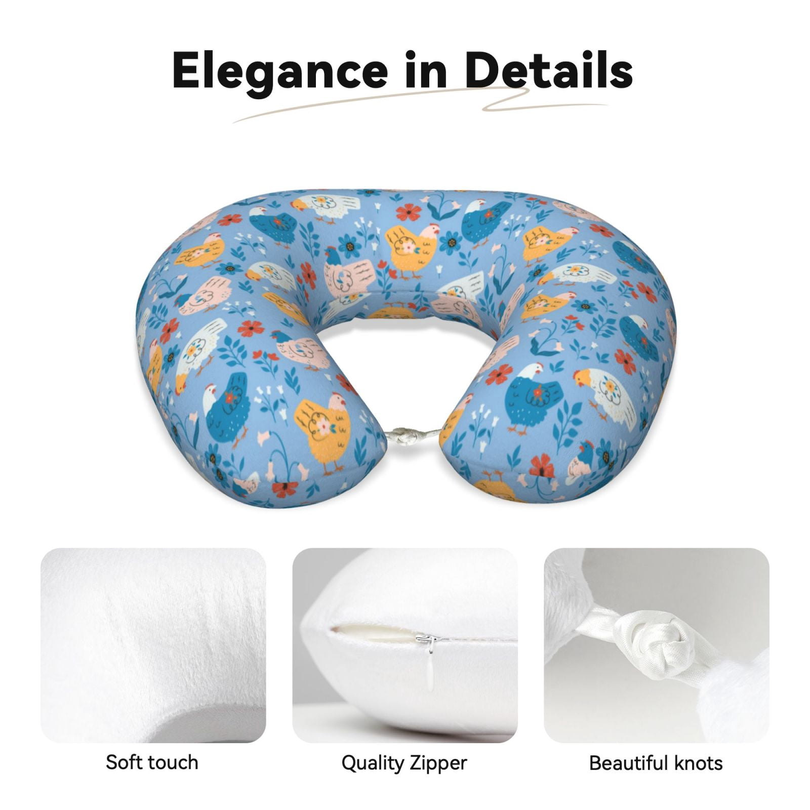 Xecao Cute Chickens and Flowers Print Memory Foam Cervical Neck Pillow Versatile U-Shaped Pillows for Home,Office,Camping,Travelling,Soft Washable Cover