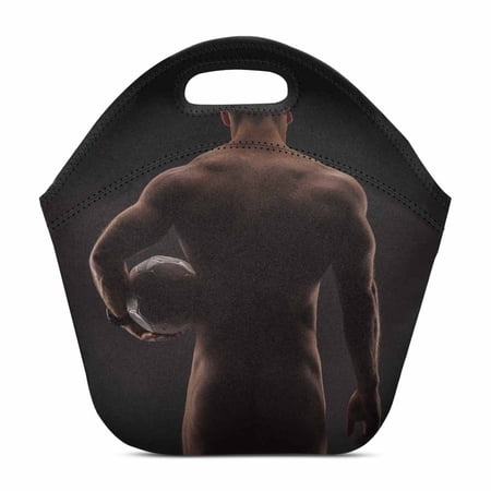 SUNENAT Neoprene Lunch Tote Funny Strong Muscular Sexy Naked Man with Soccer Ball Closeup Neoprene Waterproof Insulated Washable Cooler Bag for Men Women Adult Kids Boys Girls