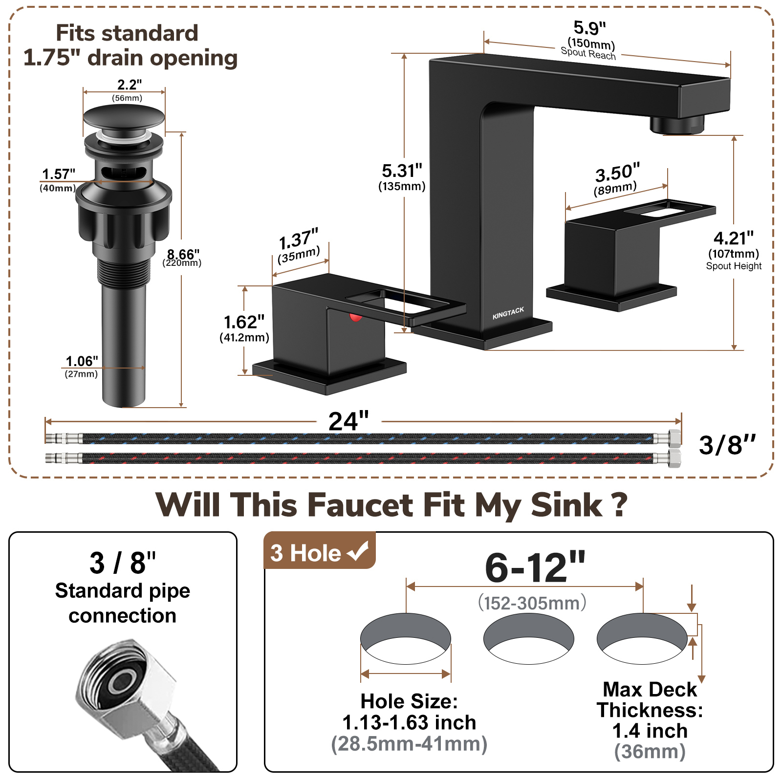 KINGTACK Matte Black Bathroom Faucet 3 Hole, 8 inch Widespread Bathroom Faucet with Pop Up Drain, 2 Handle Vanity Faucet with Water Supply Hoses
