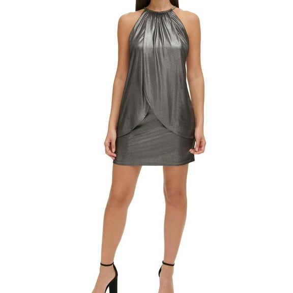 Kensie Womens Metallic High Neck Jersey Dress, Grey, 10