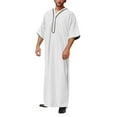 thumbnail image 2 of Mens Short Sleeve Arabic Thobe Muslim Robe Striped Middle Eastern Ethnic Long Dress Islamic Breathable Cotton Kaftan Dubai Robe,White,M, 2 of 4