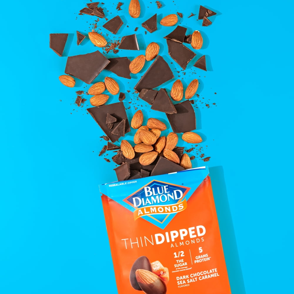 (4 pack) Blue Diamond Almonds, Dark Chocolate Sea Salt Caramel Thin Dipped Covered Natural Almonds for Guilt-Free Snacking, Half The Calories Great for Lunch, Adults and Kids, 4oz Resealable Bag