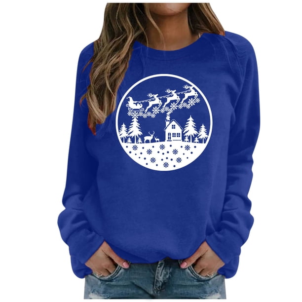 Gibobby Chaqueta de vestir Mujeres Sudadera Feliz Navidad Collar Rojoondo fácil Impresión de manga larga Top Pullover (Azul, L)