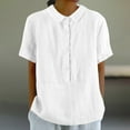 thumbnail image 2 of Hyknon Womens Tops Fashion Solid Color Short Sleeve Turndown Collar Temperament Blouses Shirts Casual Cotton and Linen Loose Fit Versatile Tops, 2 of 6