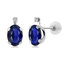 Gem Stone King 1.15 Ct Oval Blue Sapphire G/H Lab Grown Diamond 14K White Gold Earrings