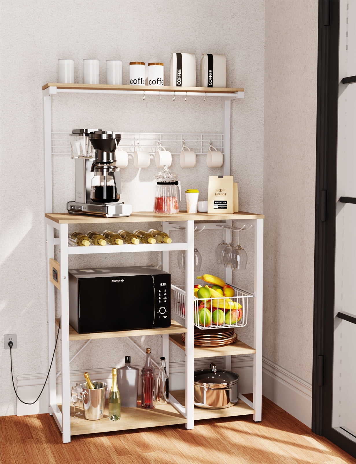 Pantry Cart Microwave Stand with Storage, Behost 60"Coffee Bar Station Kitchen Island Baker Rack for Kitchen,White