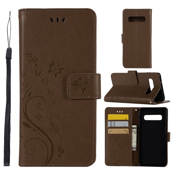 S10 Plus Case, Samsung Galaxy S10 Plus Case - Allytech Premium Wallet PU Leather with Fashion Embossed Flower Magnetic Clasp Card Holders Flip Cover with Hand Strap, Coffee