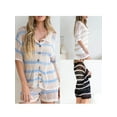 thumbnail image 4 of Yunliwuli Women 2-piece Striped Knit Outfit, Short Sleeve Button-down Shirt with Shorts Hollowed Summer Outfit, 4 of 10