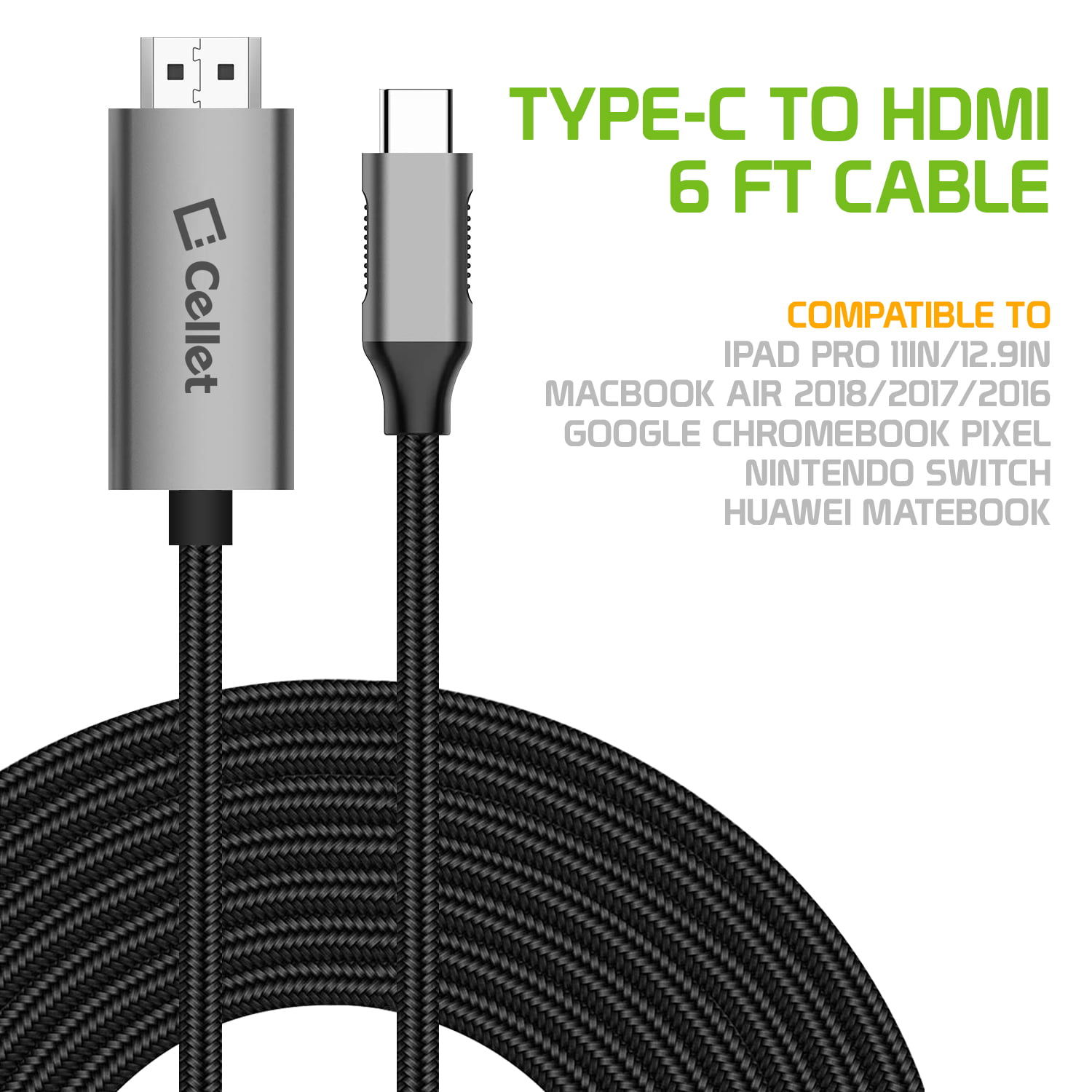 Cellet Lention 6 USB-C to 4K HDMI Cable for MacBook Gray Chromebook or Laptops with a USB-C Port