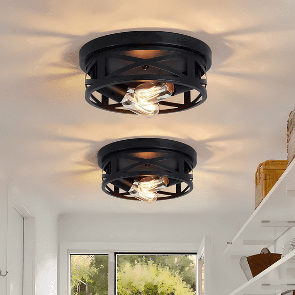 GCGAFUL 10.8" Farmhouse Flush Mount Ceiling Light 2 Pack, 2-Light Vintage Round Black Ceiling Fixture for Kitchen, Bedroom Hallway, Dining Room